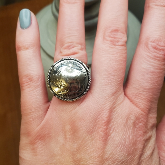 Solid sterling Natice American Buffalo Coin Ring with Tufa Sandcast Band - Picture 2 of 9